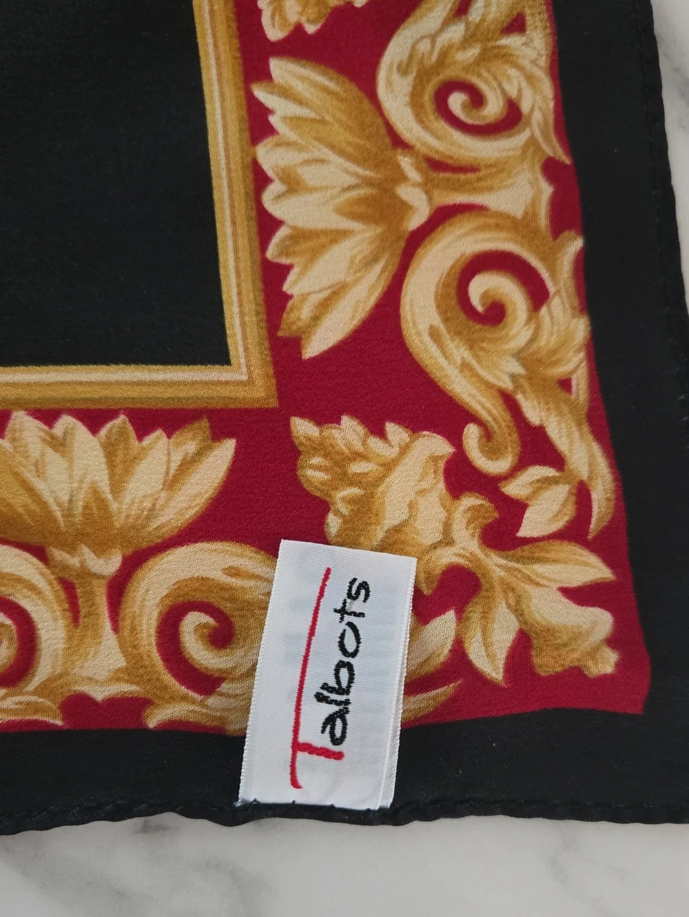 Talbots Vintage Silk Scarf Black Gold Baroque Equestrian Chain‎ Print 35x34